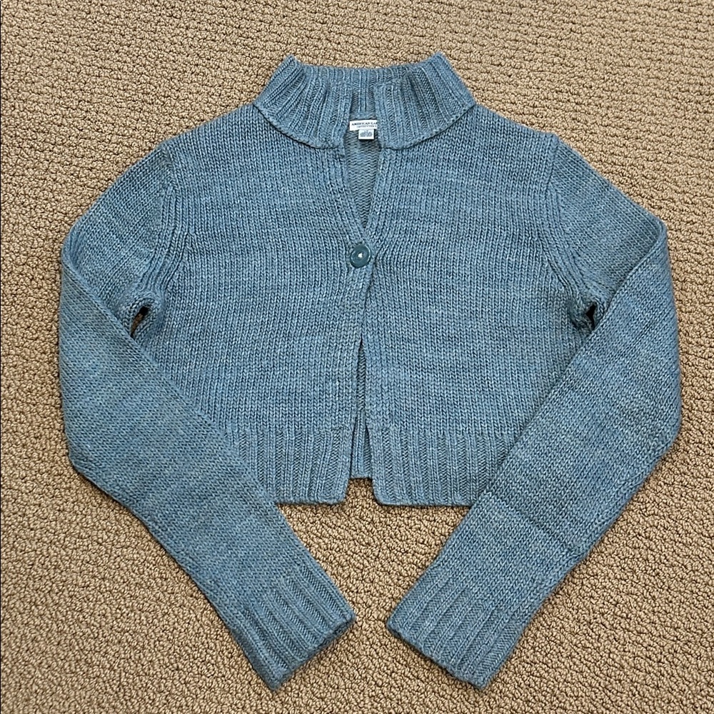 Vintage AEO Single Button Front Mock Neck Cropped Cardigan Large Green Blue Gray